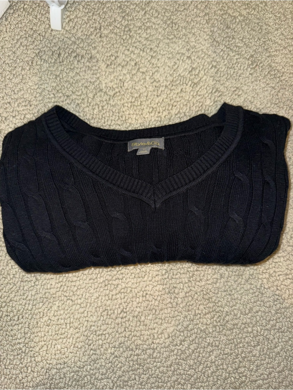 Style & Co Black Cable Knit V-Neck Sweater XL 100% Cotton